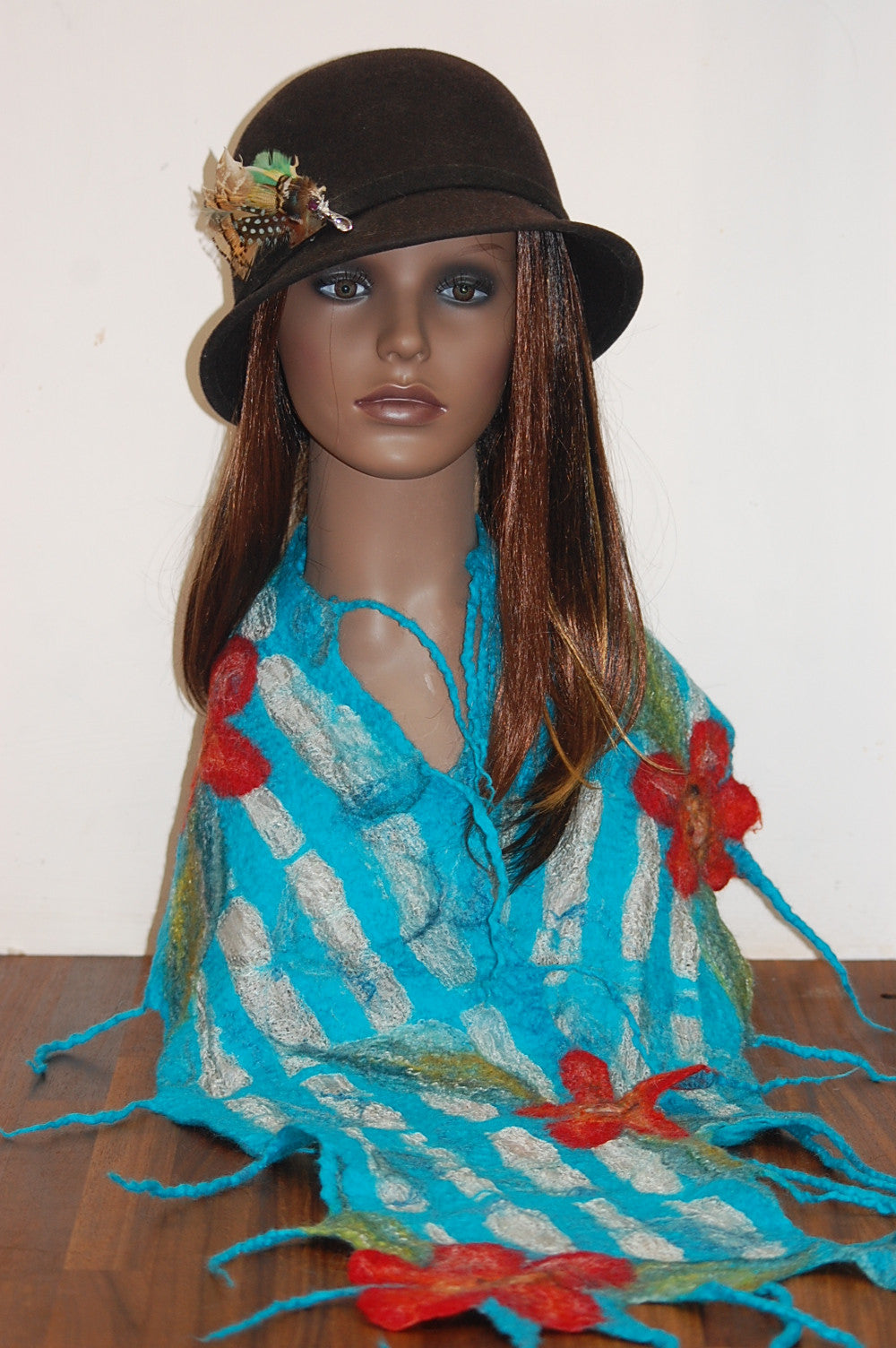 Nuno Felt Silk Scarf - Flower Detail (Turquoise)